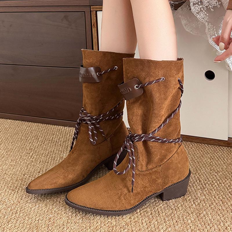 Fashion Autumn Winter Thick Heel Western Boots Women 2025 Sexy Pointed Toe Mid Calf Boots Woman Slip On Faux Suede Riding Botas Mujer