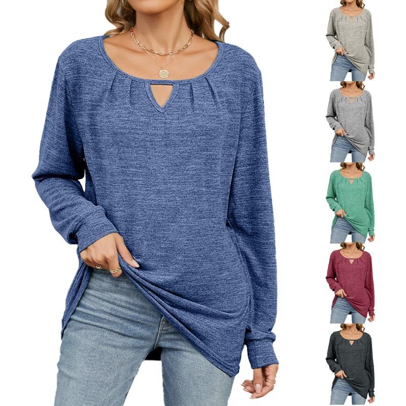 Autumn Winter Solid Color Wrinkled Brushed Hollow Loose Long Sleeved T-shirt for Women Shirt