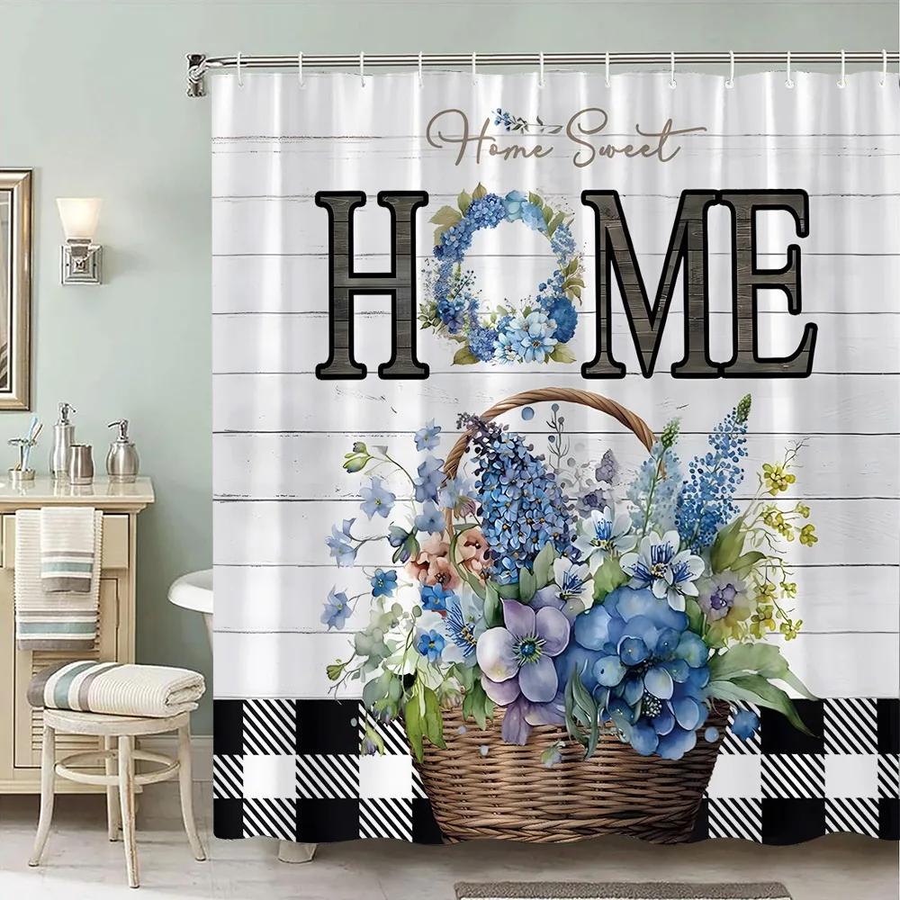 Rustic Wooden Panel Floral Shower Curtain Hummingbird Sunflower Lavender Polyester Fabric Bath Curtain Bathroom Decor with Hooks
