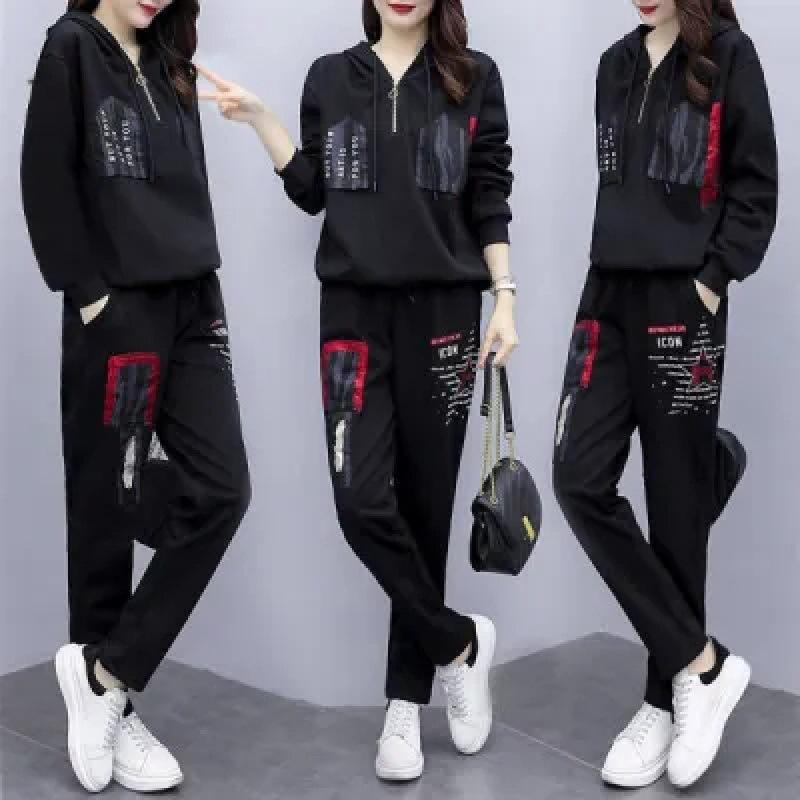 Spring/Summer Large Size Loose Hooded Printed Casual Sportswear Set for Women (Korean Version) Two-Piece Set