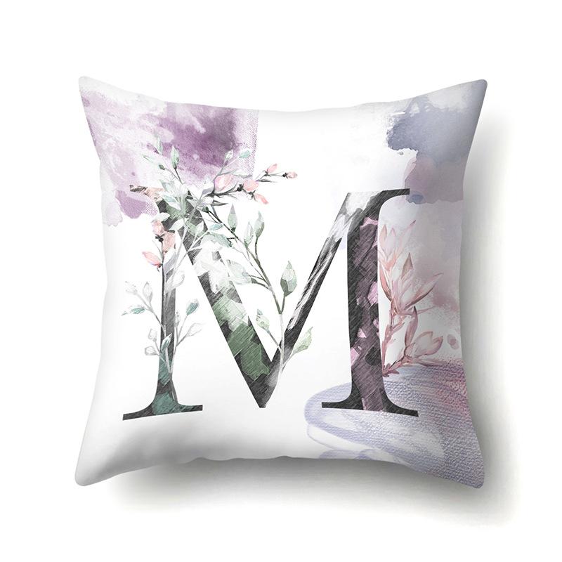 Polyester Pillowcase Home Watercolor Flower Print Pillowcase 26 English Letters Bedside Cushion Cover