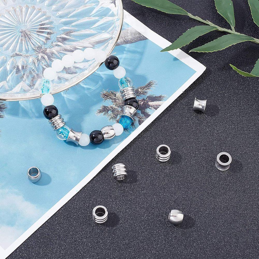 304 Stainless Steel European Beads, Large Hole Beads, Vase/Column/Barrel, Stainless Steel Color, 10x8mm, Hole: 6mm, 3 shapes, 10pcs/shape, 30pcs/box