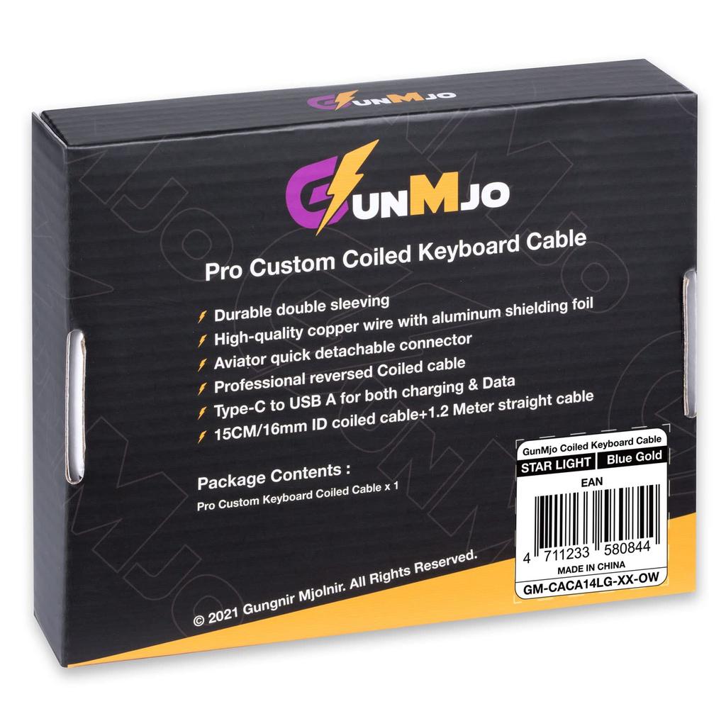 GUNMJO Starlight Coil Keyboard Cable for Gaming Mechanical Keyboard Cable with Detachable Metal to Blue with Gold Aviator Connector USB-C Keyboards,