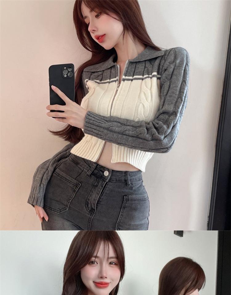 Spicy Girl Polo Collar Cropped Knit Cardigan Sweater - Women's Autumn Long Sleeve Slit Top
