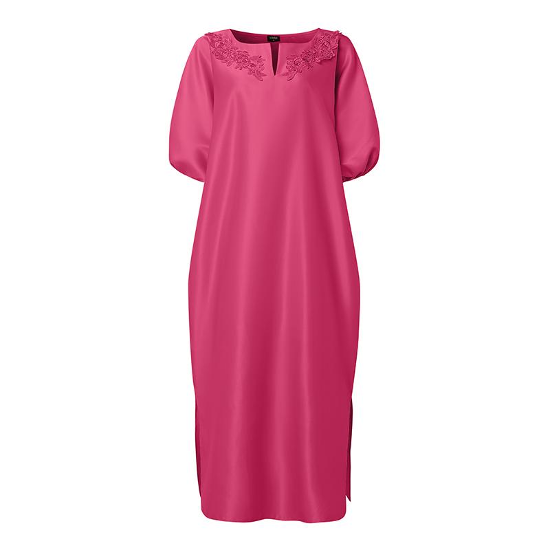 Oversized Women Puff Sleeve Embroidery Patchwork Casual Loose Maxi Kaftan Dress