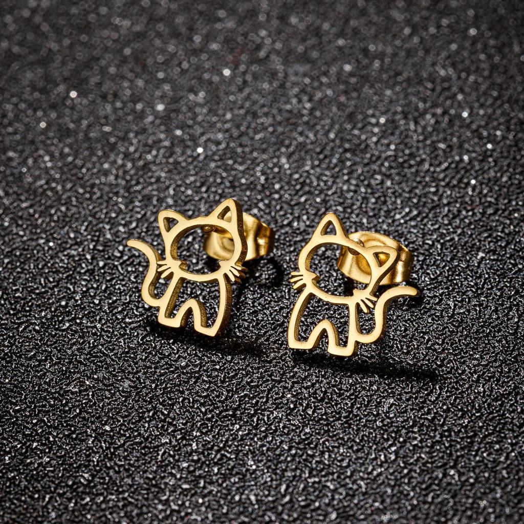 1 Pair Cute Cat Stainless Steel Stud Earrings For Womens Punk Jewelry Gifts Trend Fashion Small Ear Studs Jewelry