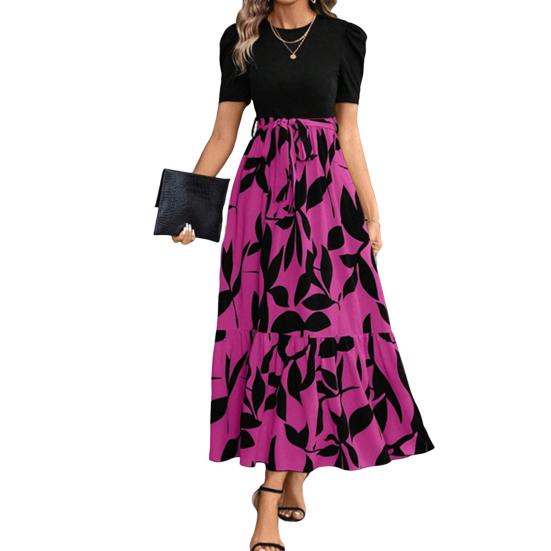 

Летнее платье с круглым вырезом, коротким рукавом, высокой талией, длинное платье с принтом листьев и струящимся подолом, повседневная одежда L