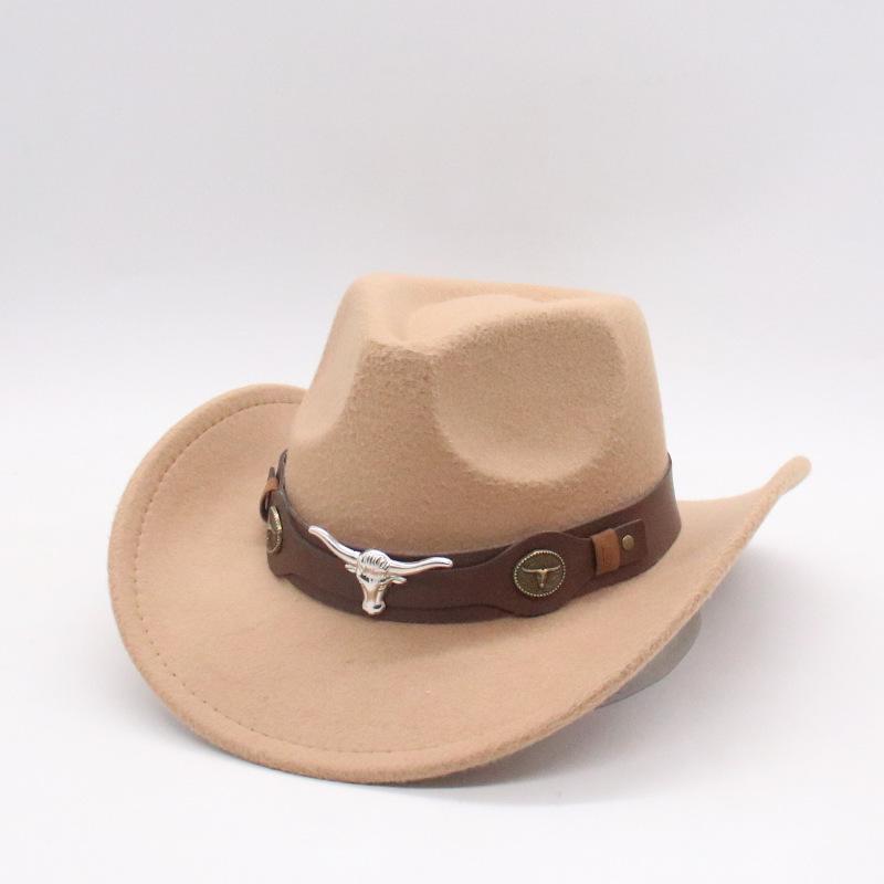 Minority Style Jazz Hat Western Bull Head Cowboy Hat Woolen Top Hat Big Brim