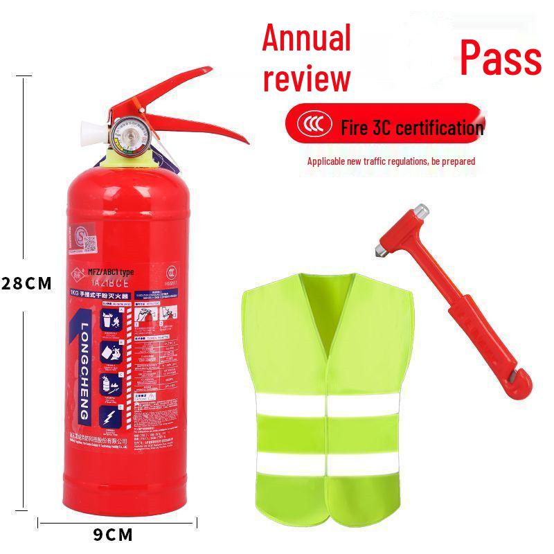 1kg Trockenpulver Handfeuerlöscher mit Feuerwarnschild und Jahresinspektionsset für Fahrzeuggebrauch