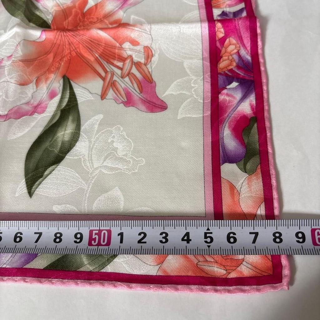 Used LEONARD FASHION Scarf Handkerchief Floral Pink 100% Silk 58cm Sheer