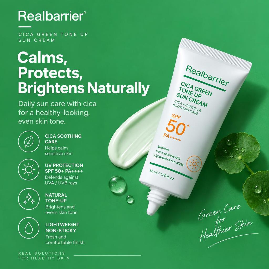 Real Barrier Cica Green Tone-Up Sun Cream SPF50+ PA++++ Redness Correcting Sunscreen 50ml