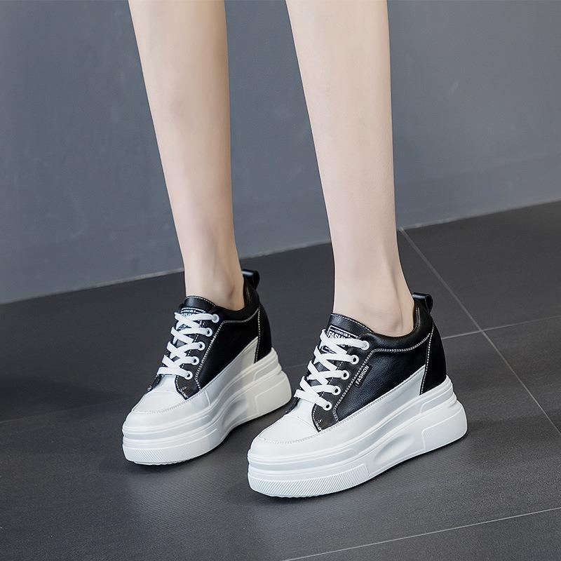 Inner Height Increase White Shoes Women's Autumn New Leather Wedge Heel Women's Shoes Muffin Thick Sole 10 Casual Single Shoes