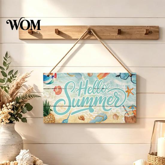 Summer Hanging Sign Wooden Sign, Beach Theme Welcome Front Door Decor with Ornament Rope, Colorful Hanger for Seasonal Farmhouse House Seaside