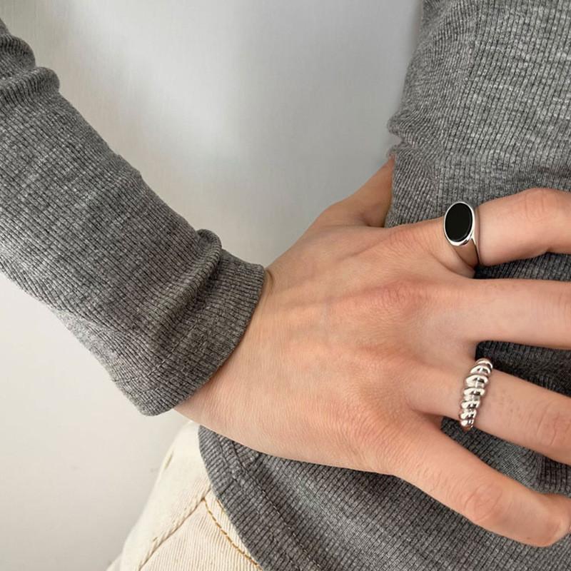 Black Chic Onyx Ring In 925 Sterling Silver With Adjustable Open Band For Cool Hip Style Hop