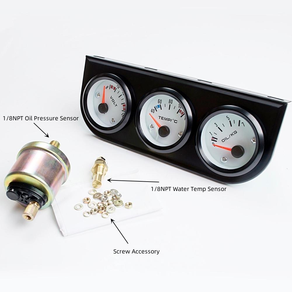 52mm Car Triple Gauge Voltmeter Water Temp Gauge (Celsius) Oil Pressure Gauge(Bar) 3 in 1 Car Modification Gauge With Sensor