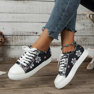 Women's Sneakers Design Round Toe Flower Print Canvas Sneakers All Match Outdoor Walking White Shoes Women Zapatos Para Mujeres