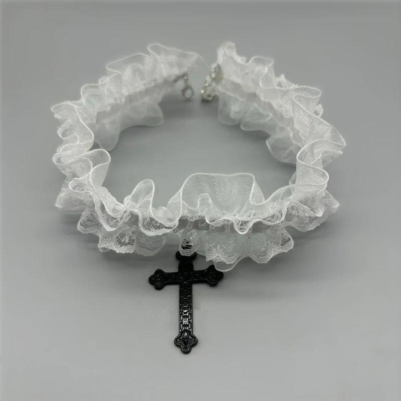 Vintage Y2K Cross Pendant Lace Choker Necklace Fashion Jewelry Women Punk Gothic Adjustable Black White Lace Collar Necklaces