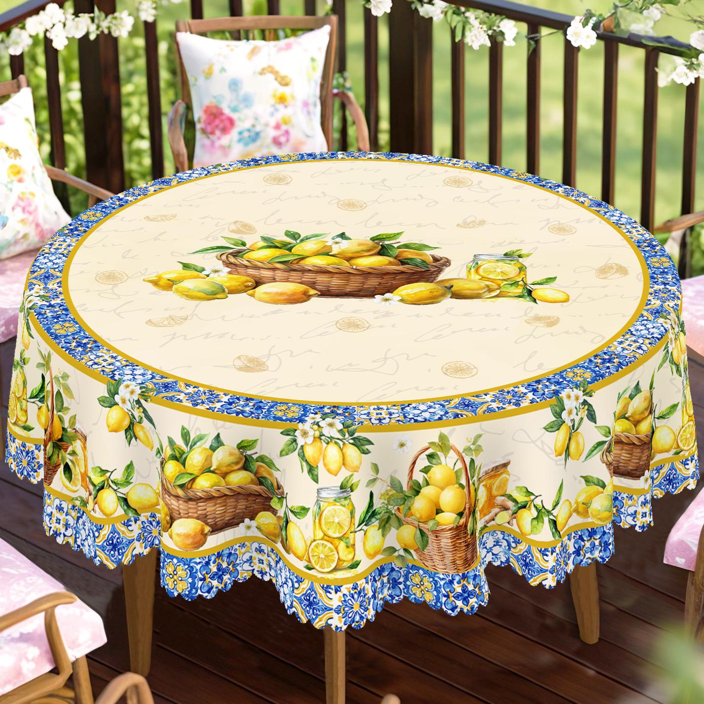 

1 Piece Of Spring And Summer Flower-Themed Round And Rectangular Tablecloths, Available In Various Sizes, Retro Lemon Flower Pattern Printing Design, Round (152)Cm