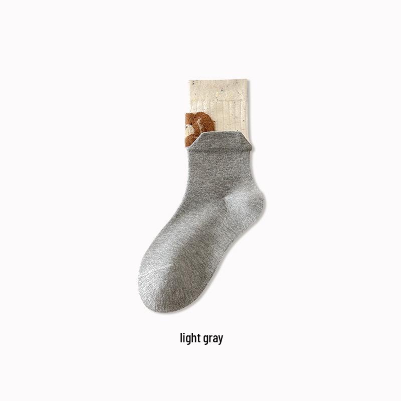 Women's Gray Mid-Calf Cartoon Socks - Cute College Style for Spring & Autumn