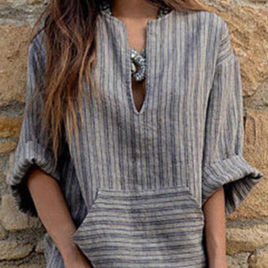 Damen Sommer Boho Gestreiftes Baumwoll-Leinenkleid Lässig Kurzarm Strand Maxikleid mit Vordertasche