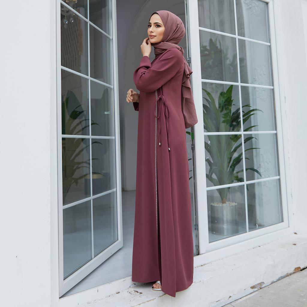 Side Tie Long Sleeve Plus Size Muslim Women Dress Abaya