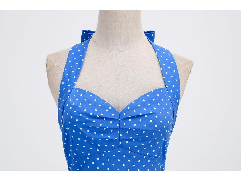 Retro Polka Dot Halter Backless Lace-up Bodycon Waist-Cinching Long-Sleeved Dress for Women