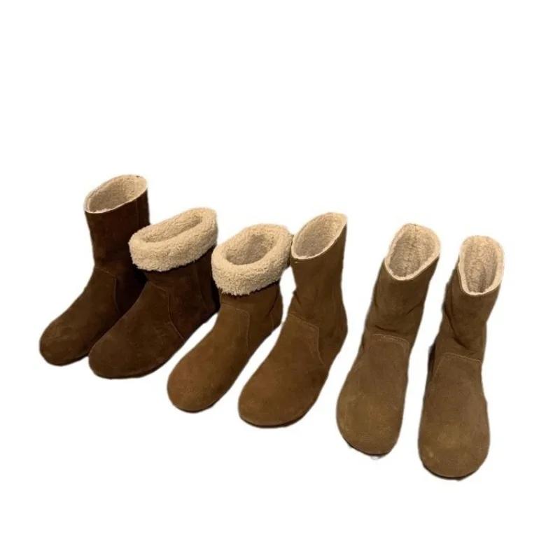 Retro Damenstiefel High-Top Damenschuhe Winter Damen-Schuhwerk Plüsch Kurze Stiefel Damen Runde Zehenpartie Mode Wildlederstiefel Botas