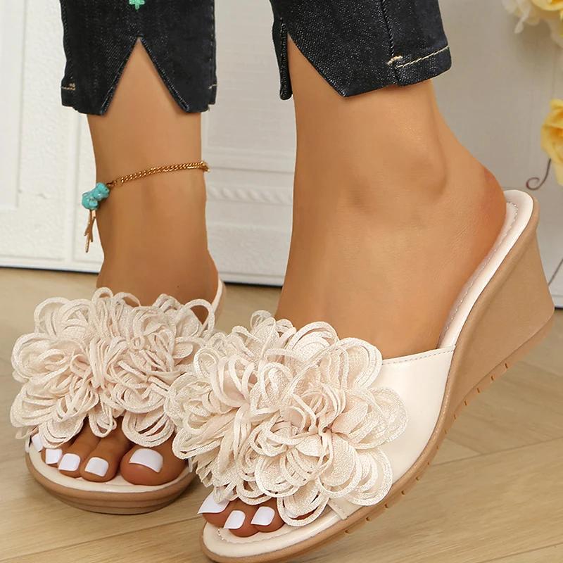 Fashion 2025 Big Flower Decor Pu Leather Slippers Women Summer Non Slip Wedge Sandals Woman Office Laides Solid Platform Slides Female