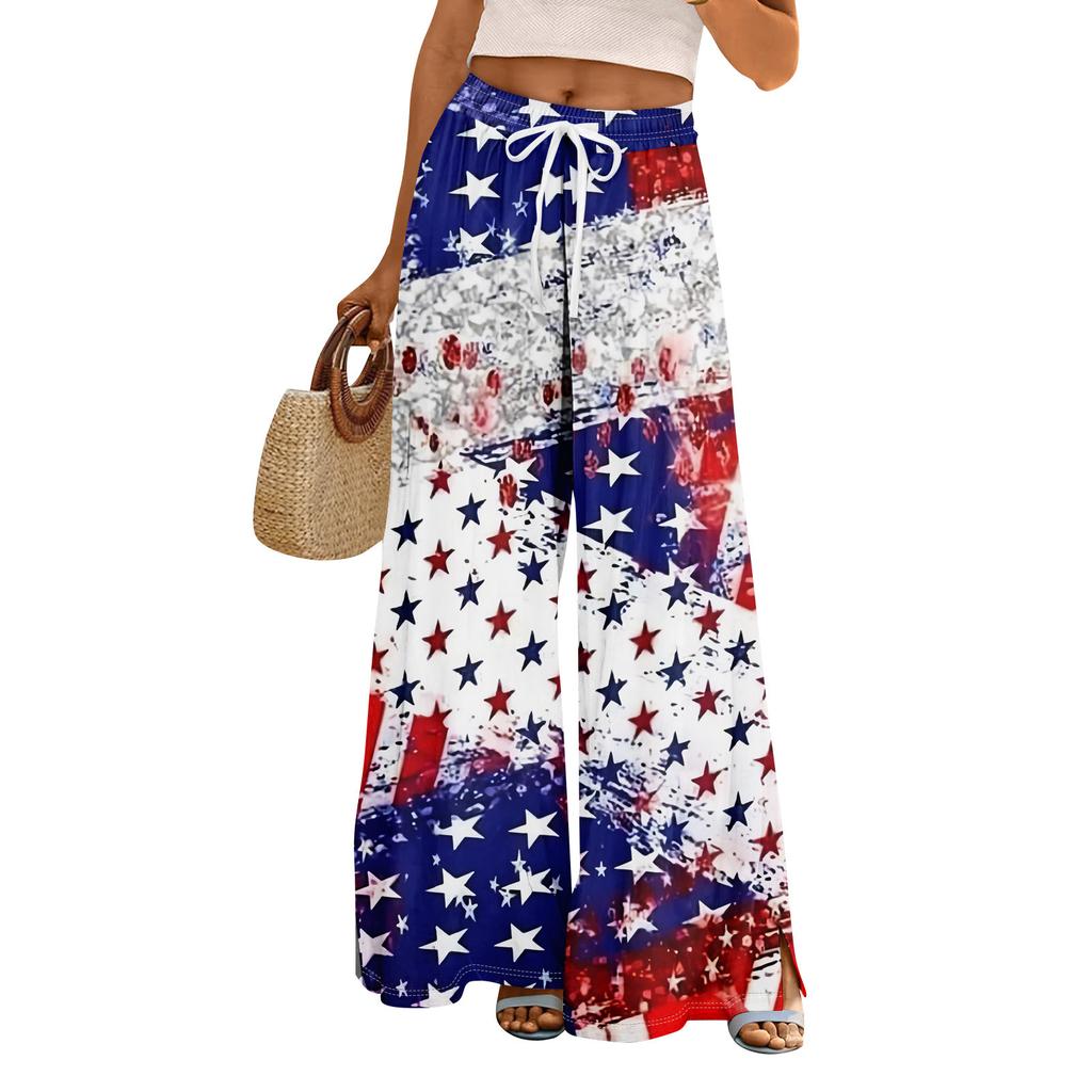 Women Summer Boho Palazzo Pants High Waist Wide Leg Independence Printing Casual Trousers With Pockets