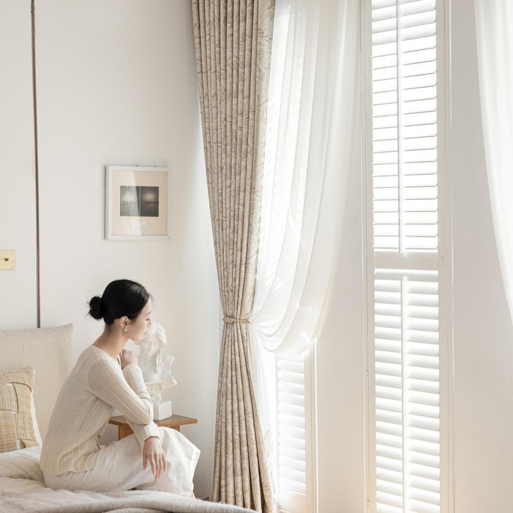 French Scandinavian Style Printed Bedroom Hooks, Perforated Curtains, Full Blackout Sun Protection Cloth