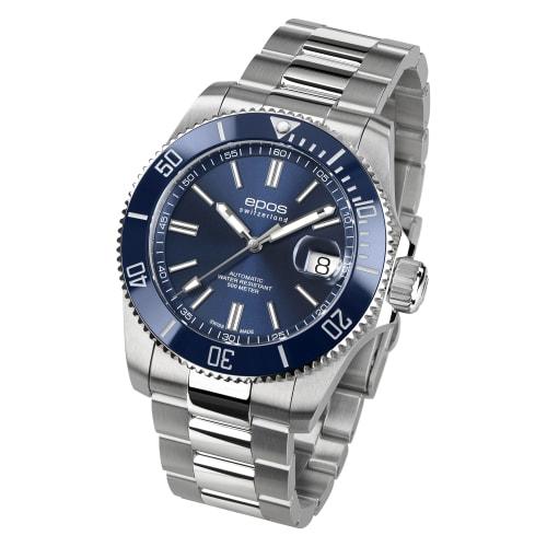 EPOS Men's 3504BL Automatic Diver's Watch, 500m Water Resistant, Ceramic Bezel, Silver