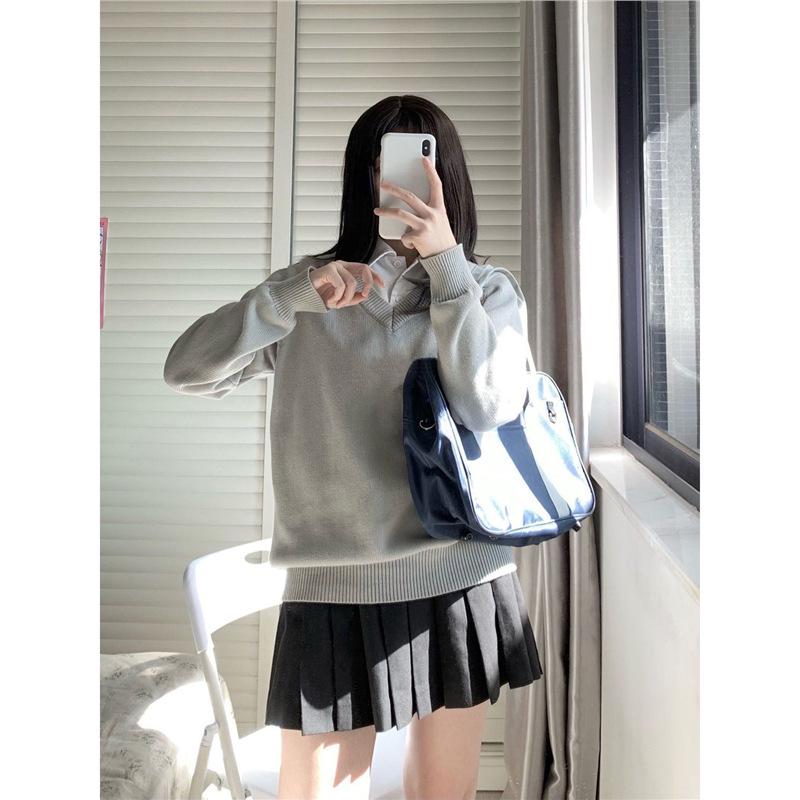 Preppy V-Neck JK Uniform Sweater Set: Autumn-Winter Long-Sleeve Versatile Outerwear for Girls