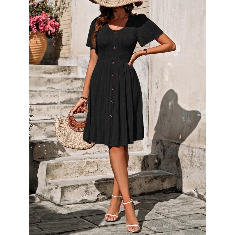 Summer Women's Round Neck Button Stretch Casual Temperament Short Sleeve Dress