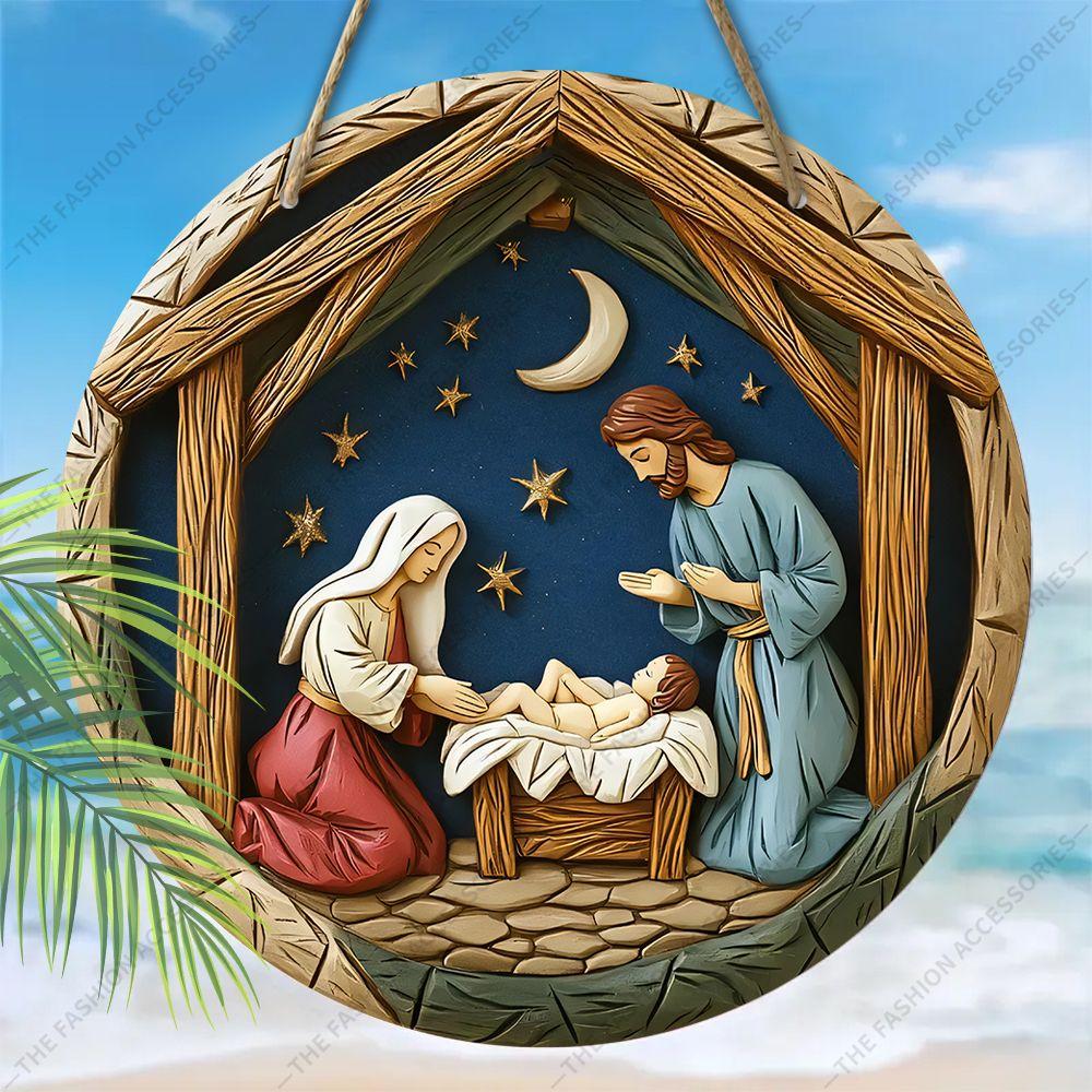 Helig natt krubba hänge, dekoration för hemmets väggar eller dörrar, 2d platt trä, juldekoration, presenter till vänner och familj