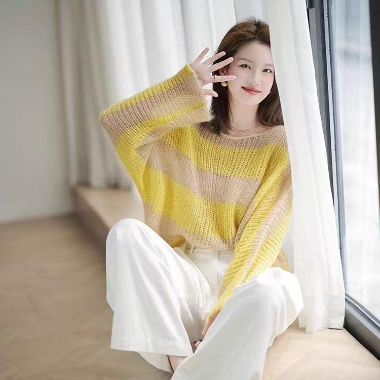 Yellow High-end Color-block Loose Striped Knitwear Designed Top Lazy Early Spring Elegant Thin Hollow Out