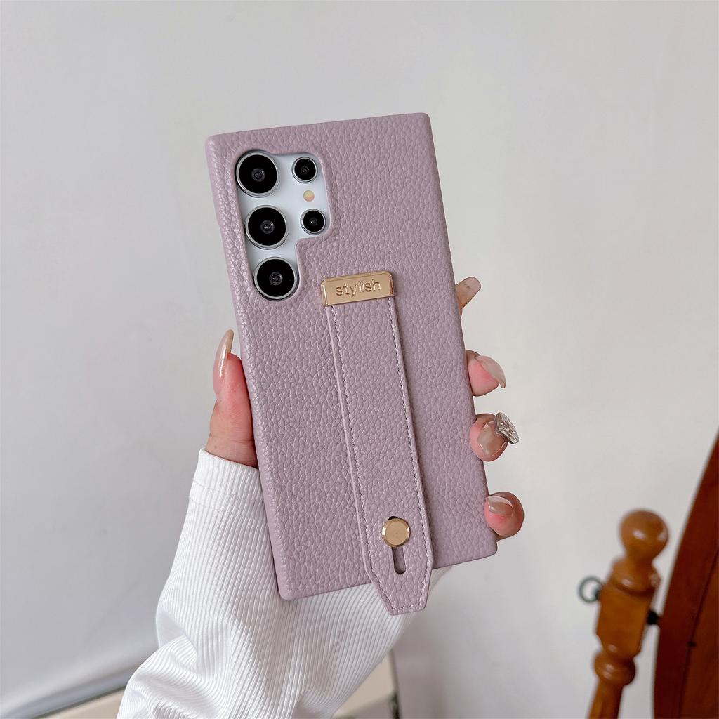 Stylish Wrist Strap Bracket Phone Case for Samsung Galaxy S25 Ultra S24 S23 S22 Plus FE Solid Color High-end PU Leather Cover