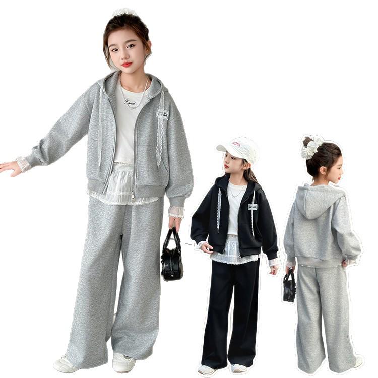 2025 New Style Girls' Hooded Sweatshirt & Wide-Leg Pants Two-Piece Set for Spring and Autumn