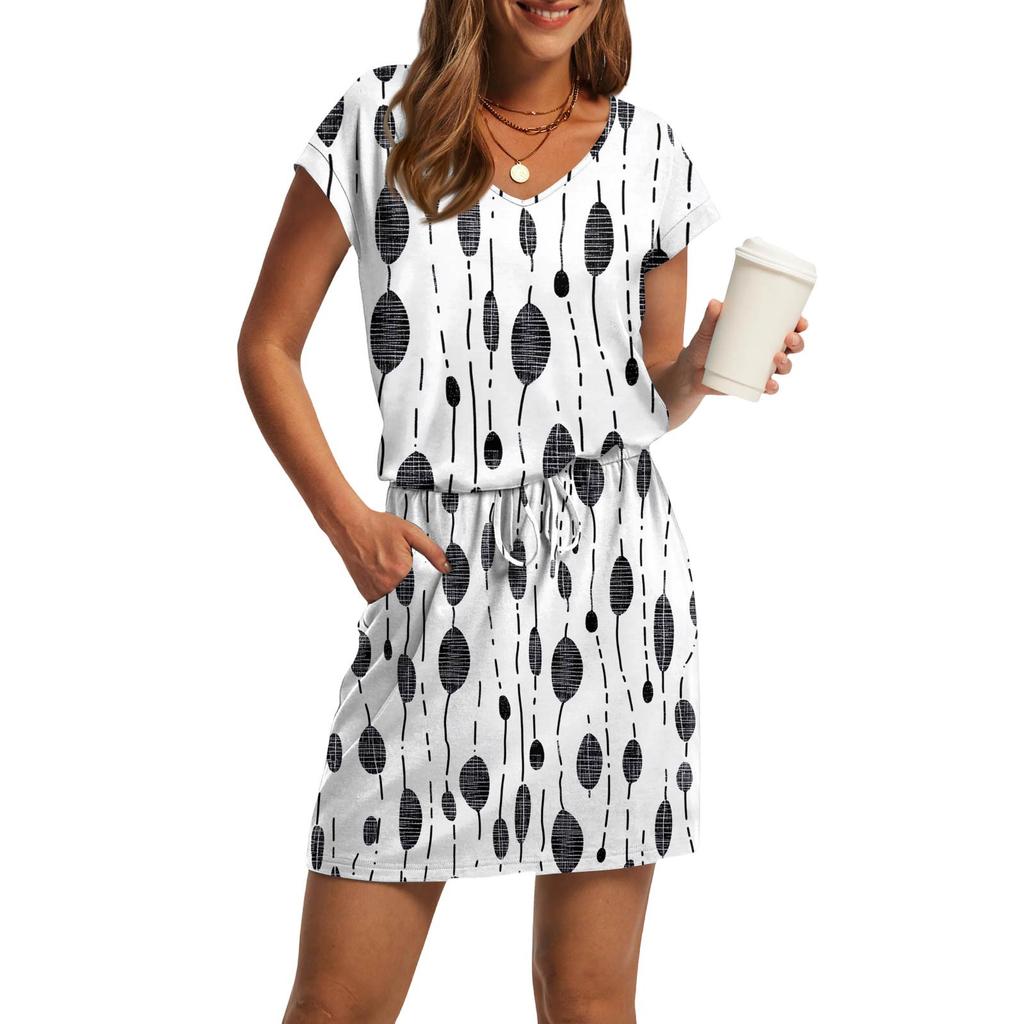 Women's Fashion V-Neck Short Sleeve Drawstring With Pocket Printed Casual Dresses