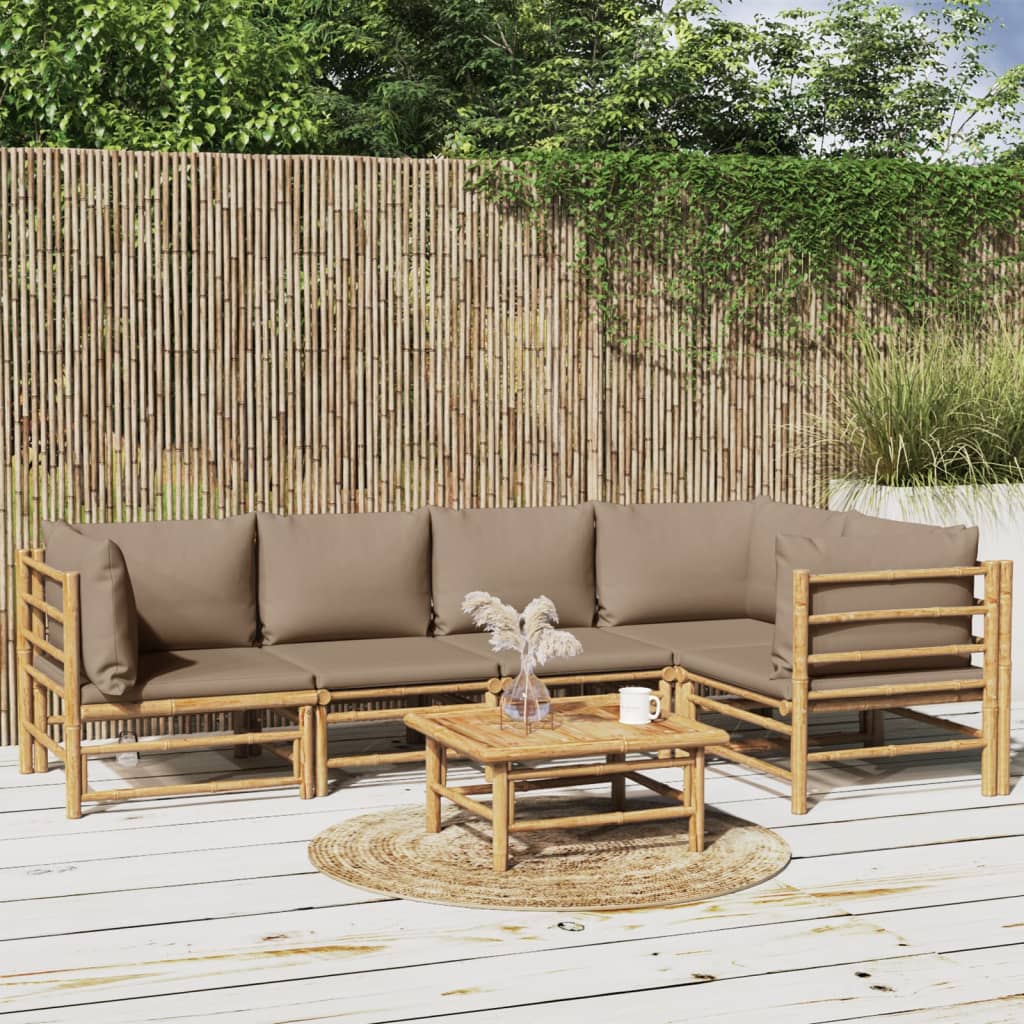 Vidaxl 6-Cz. Garden Furniture Set, Taupe Colored Cushions, Bamboo