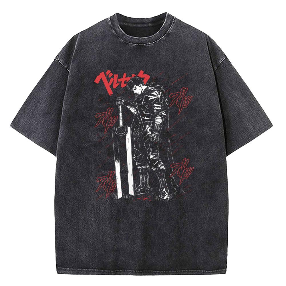 Anime Berserk Guts Graphic Printed Tee Men Women Vintage Washed Casual Tshirts High Quality Cotton T Shirt Harajuku Male Tshirt