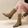 Small thick heel pleated western cowboy boots women's 2024 autumn new pointed suede short medium tube tall stacking boots