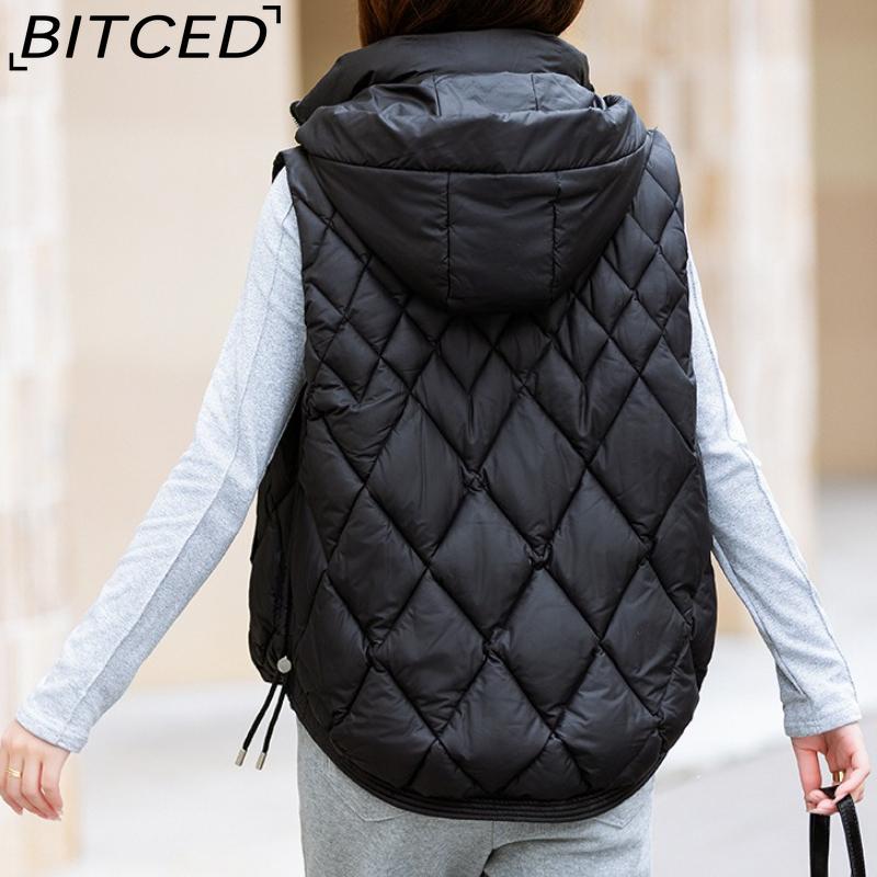 BITCED Women's Autumn/Winter Quilted Down Vest - Elegant Hooded Cotton Jacket, Short-Sleeved Waistcoat, Diamond-Quilted Vest