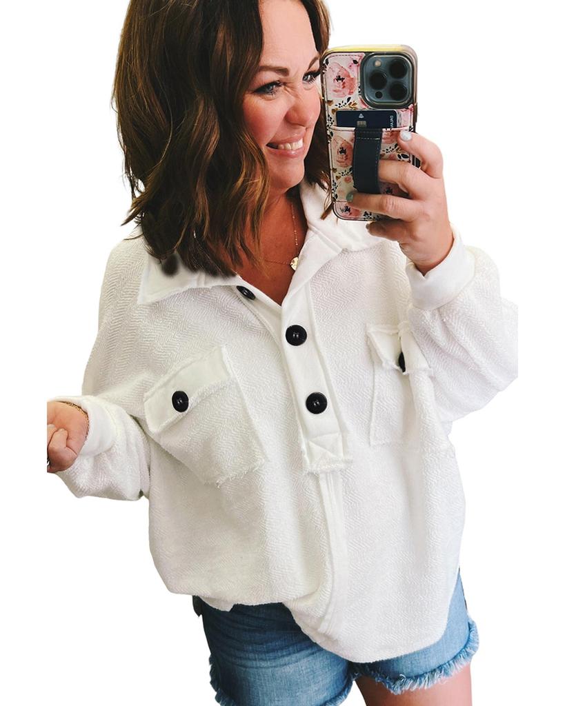 Azura Exchange White Plus Size Long Sleeve Flap Pocket Henley Top