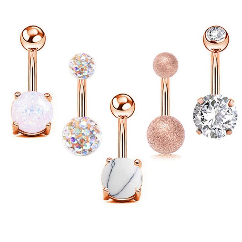 5Pcs/Set Women Navel Button Rings Rose Gold Medical Steel Rhinestone