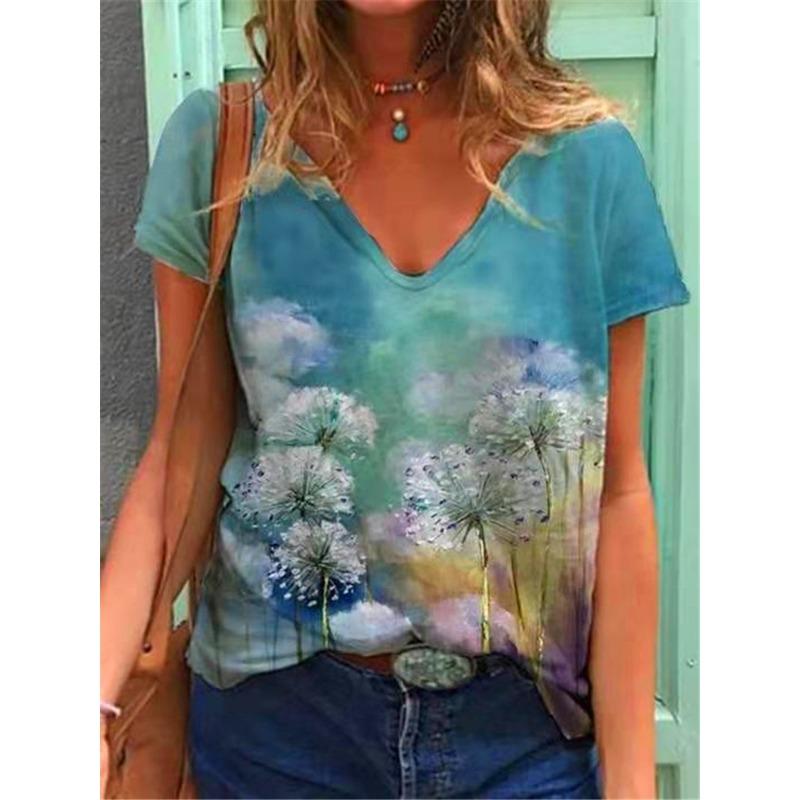 Summer Scenery Flowers Plants 3D Printed Short Sleeved T-shirt Women's Loose Short Sleeved Top V-neck T-shirt
