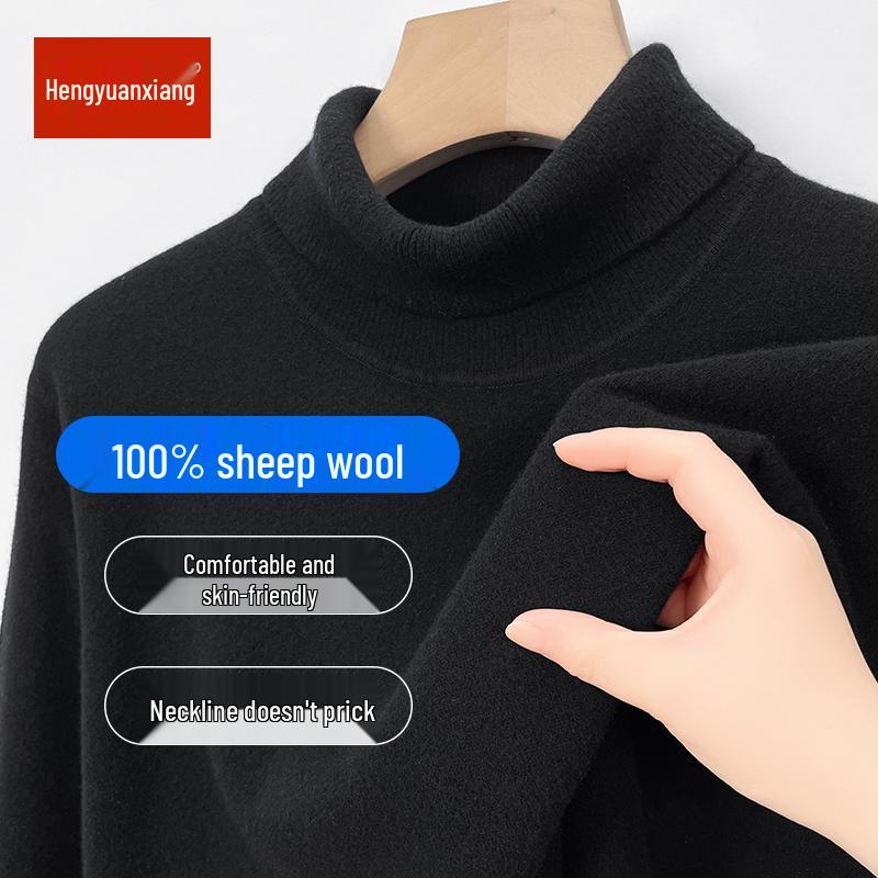 Hengyuanxiang Men's 100% Pure Wool Pullover, Round Neck, Thickened Winter Sweater for Middle-Aged Dads.