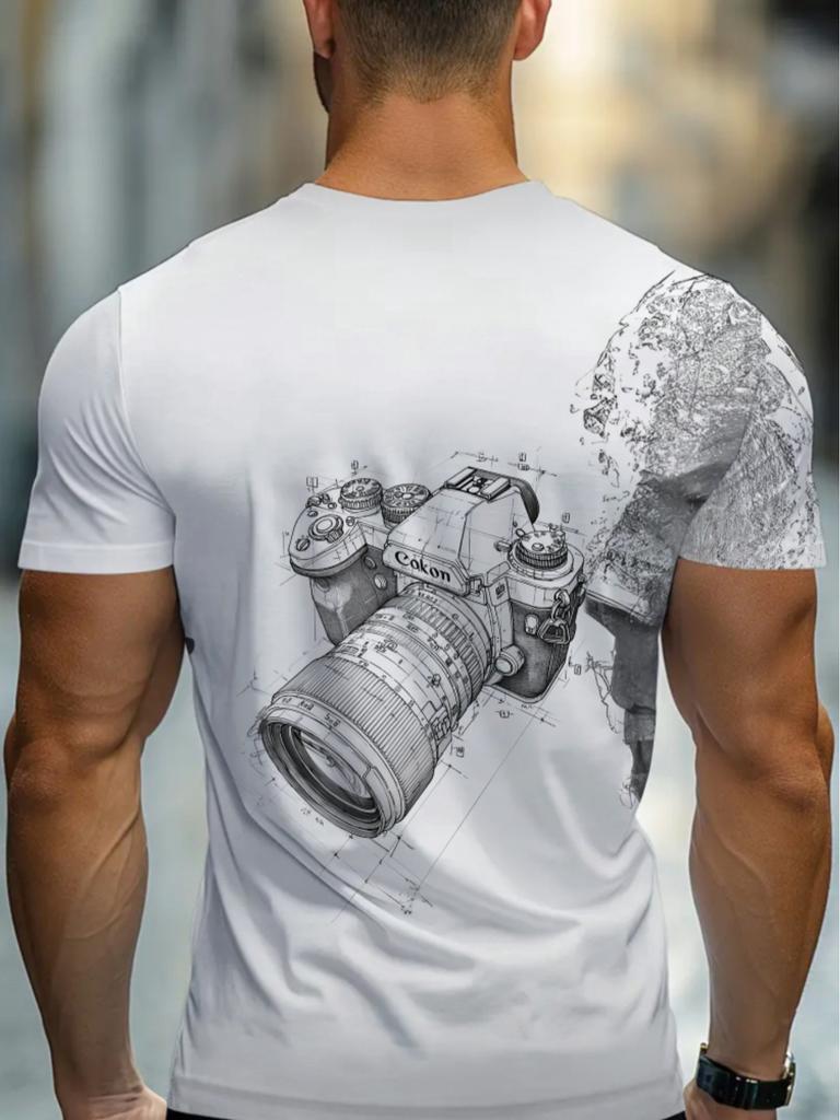 Men's White Camera-Themed T-Shirt Suitable for Photography Enthusiasts, Lightweight Breathable Crew Neck Tee with Camera Print, Casual Gift for