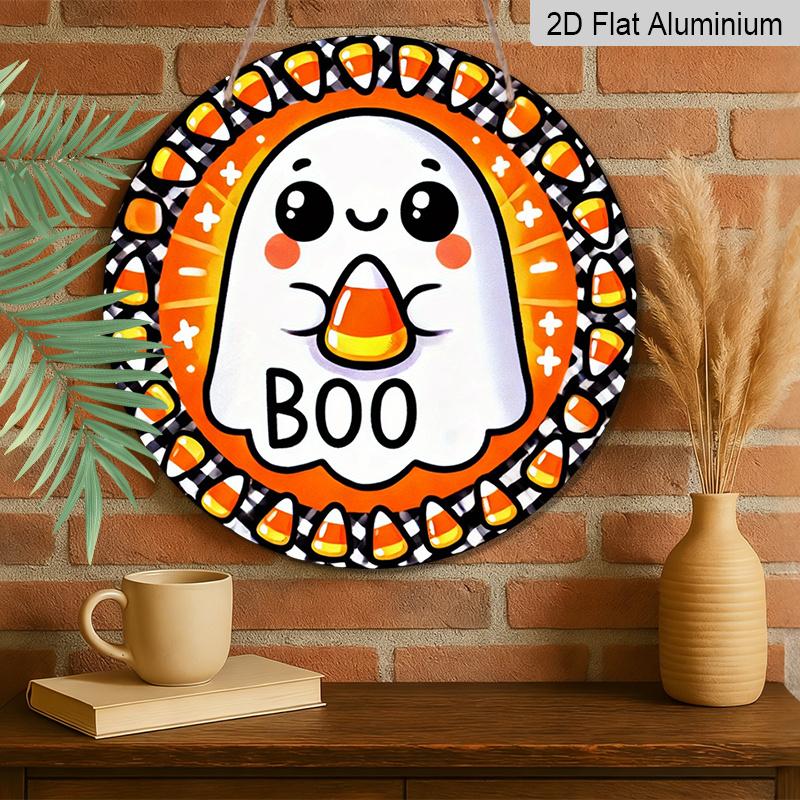 2D Flat, 1pc Round Aluminum Hanging Sign, Halloween Candy Corn Round Sign - Spooky "BOO" Decor for Home, Kitchen, Garage, Garden, Yard, And Office