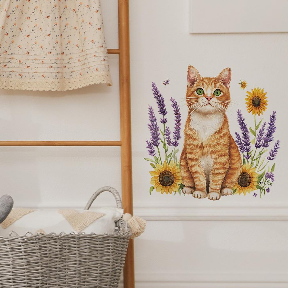 Cartoon Orange Cat Sunflower Lavender Bedroom Living Room Entrance Hall Home Beautification Wall Stickers