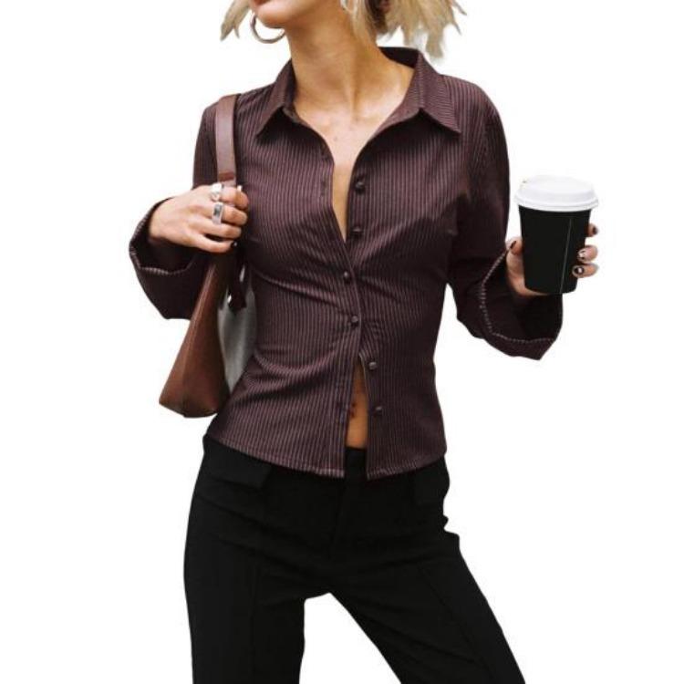 Women Long Sleeve Shirt Lapel Striped Print Slim Fit Tops Buttons Placket Versatile Daily Wear S темно-коричневого